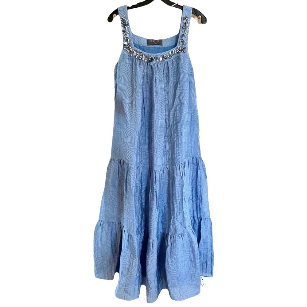Exquise Anthropologie Blue Beaded Square Neck Tiered Maxi Dress Small - Picture 5 of 8